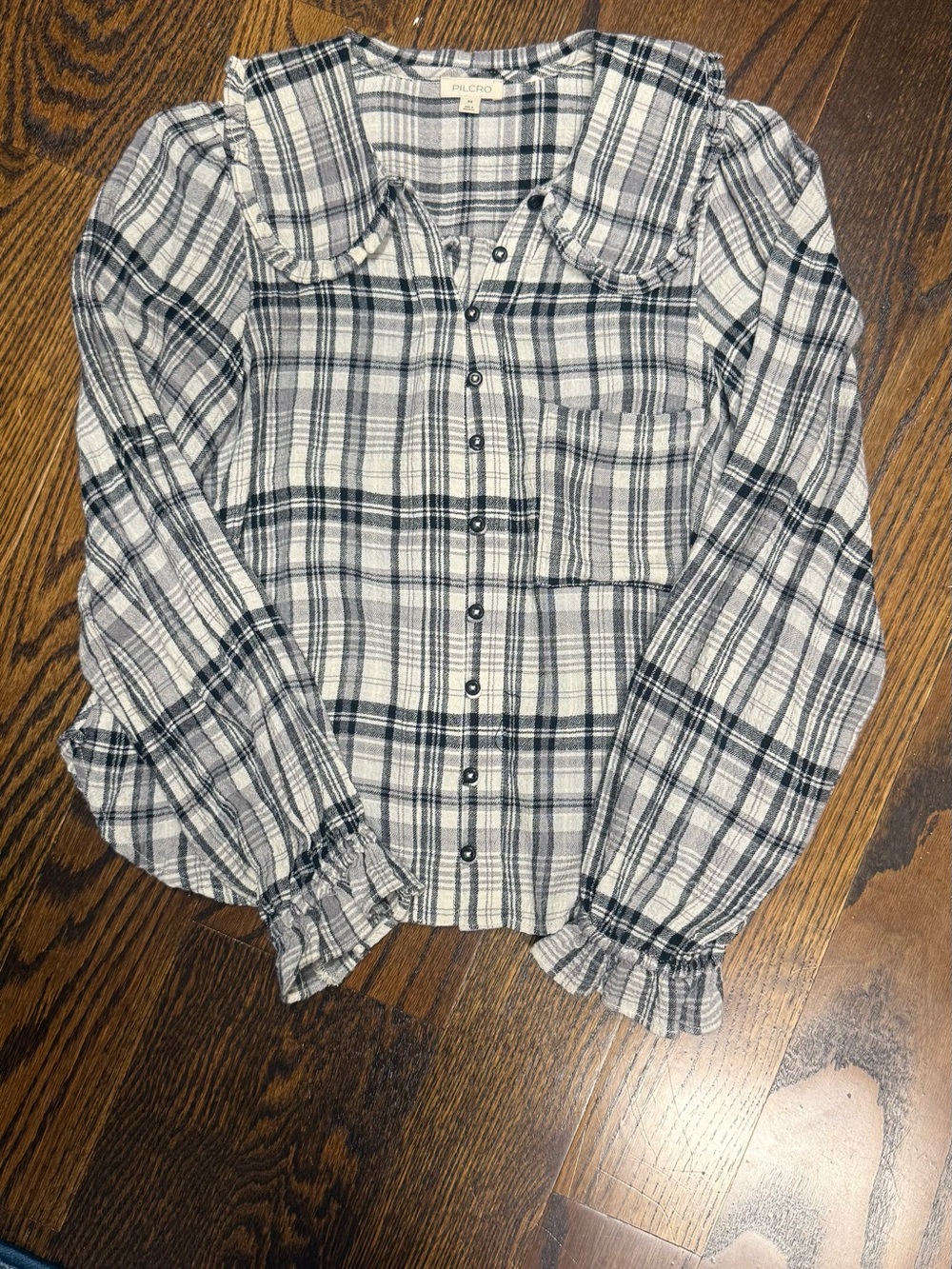Pilcro Black and White Plaid Ruffle Collar Top